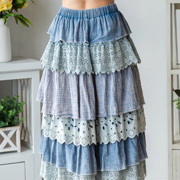 097 Oli & Hali Washed Mix Media Tiered Wide Leg Cropped Pants NEW Size Small - Picture 11 of 11